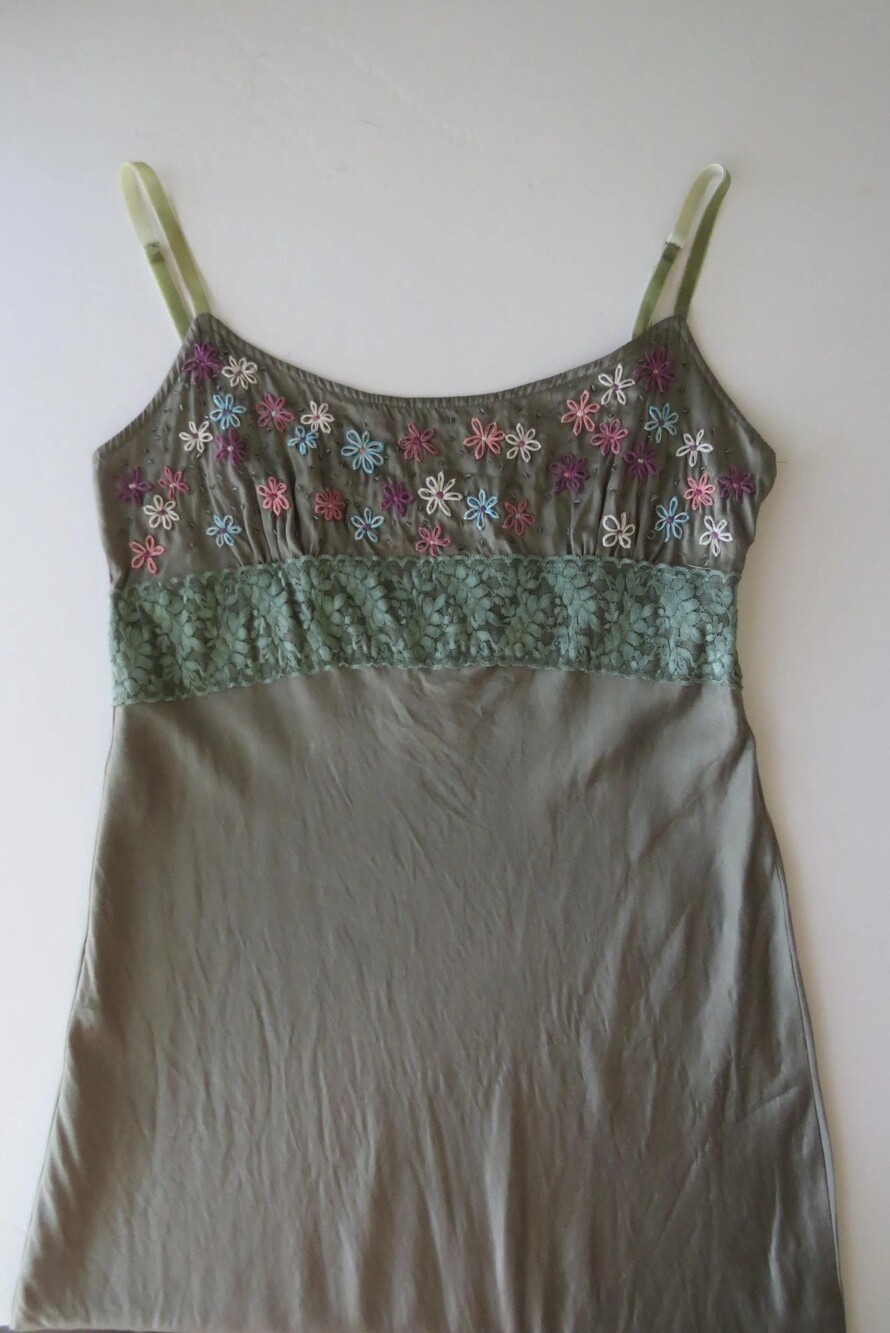 Vintage Italian Silk Dress, Hand-Embroidered Daisies, Beaded Midi 2000s